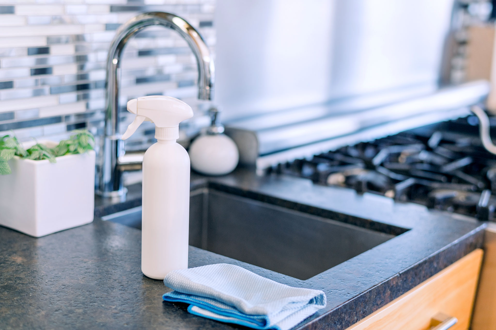 Clean kitchen sink and counter with cleaning supplies