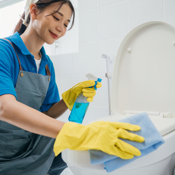 Cleaner in gloves wiping down a restroom fixture